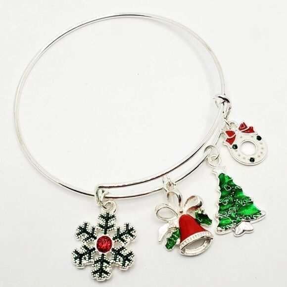 Silver Christmas Charm Bangle Bracelet - Picture 7 of 9